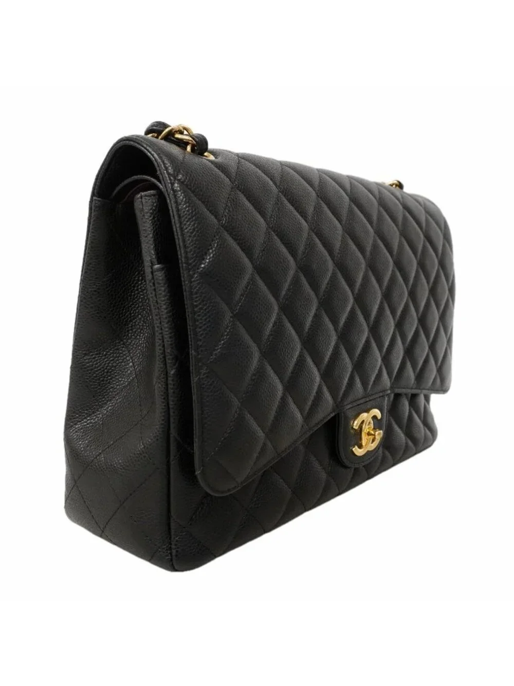 Chanel Shoulder Bag Maxi Quilted Caviar Leather Black Gold